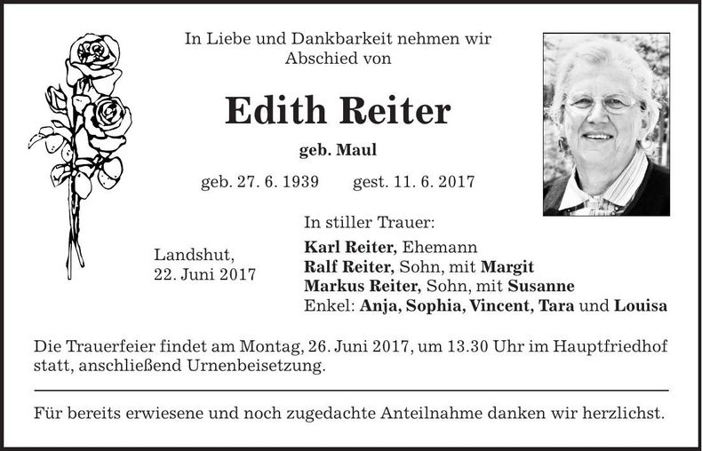 Traueranzeige Edith Reiter