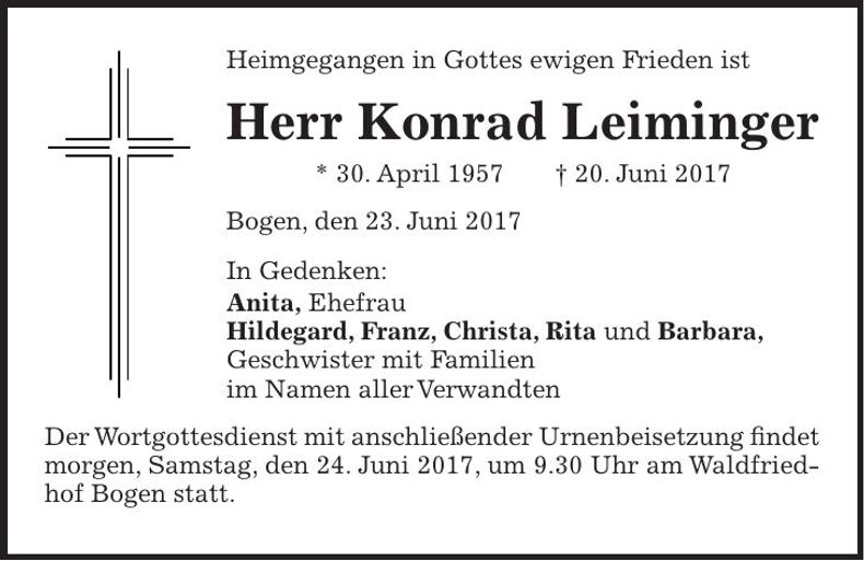 Traueranzeige Konrad Leiminger