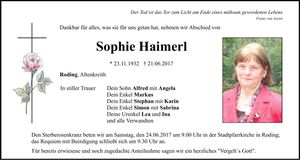 Traueranzeige Sophie Haimerl