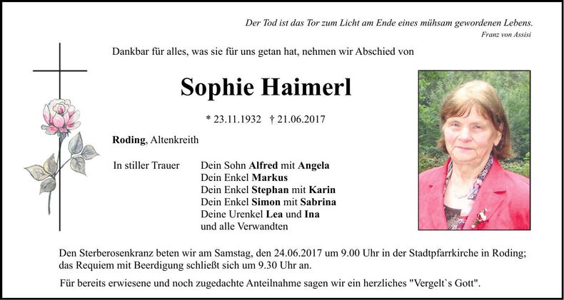 Traueranzeige Sophie Haimerl