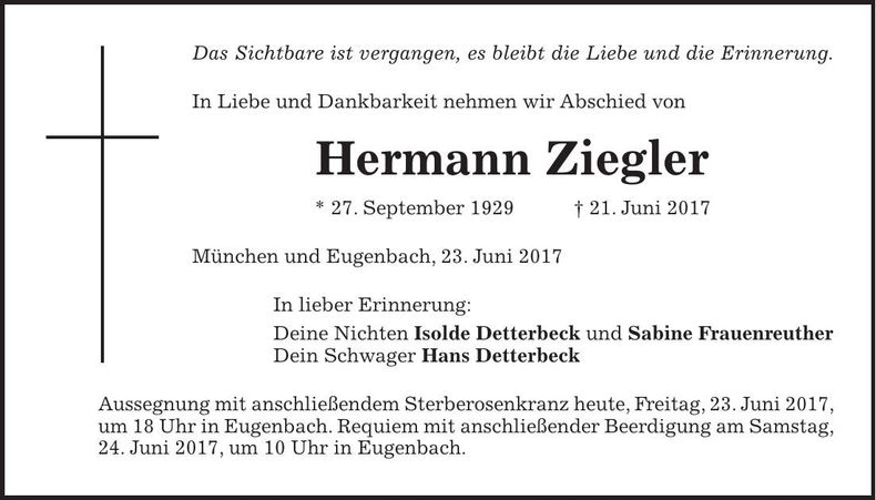 Traueranzeige Hermann Ziegler