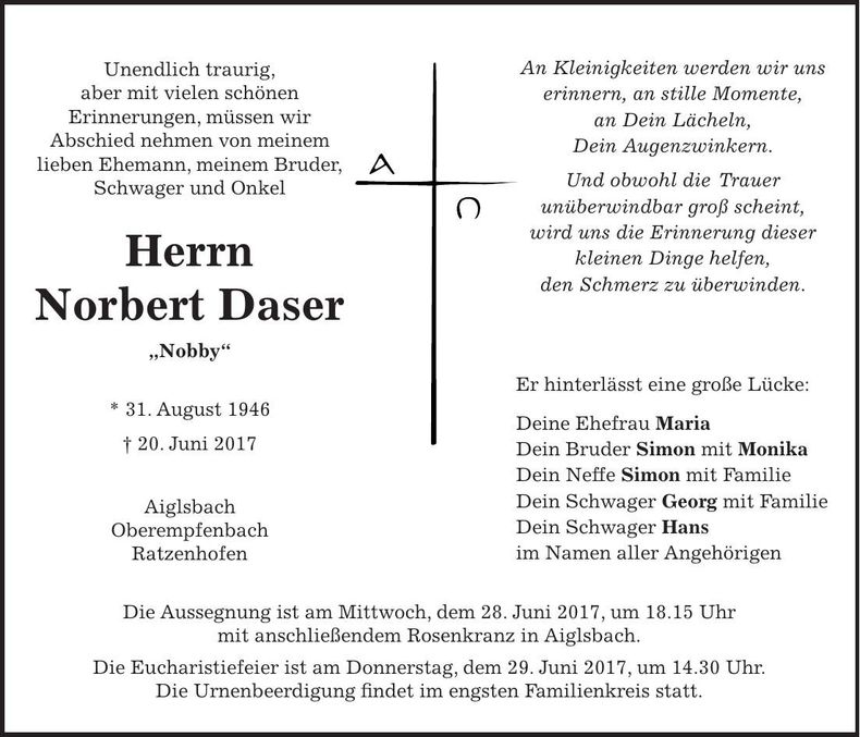 Traueranzeige Norbert Daser