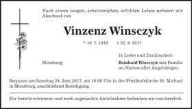 Traueranzeige Vinzenz Winsczyk