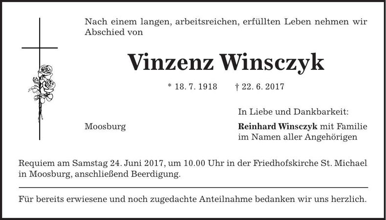 Traueranzeige Vinzenz Winsczyk