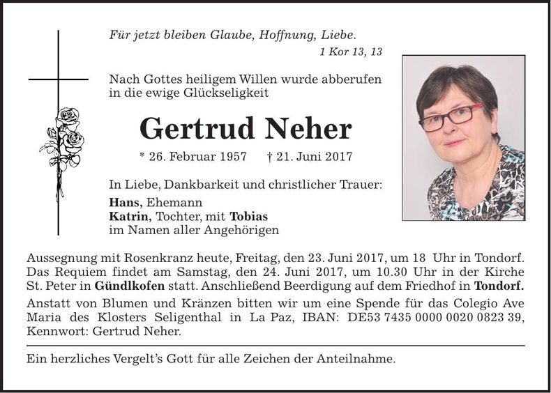 Traueranzeige Gertrud Neher