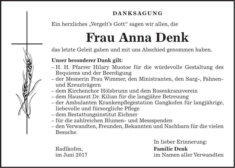 Traueranzeige Anna Denk
