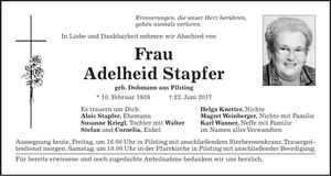 Traueranzeige Adelheid Stapfer