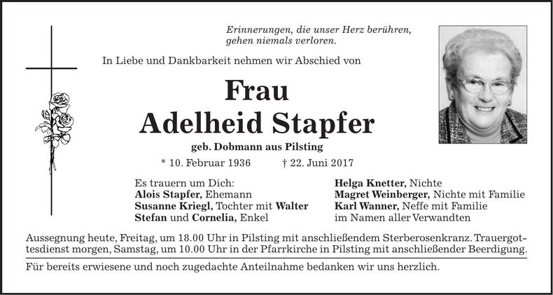 Traueranzeige Adelheid Stapfer