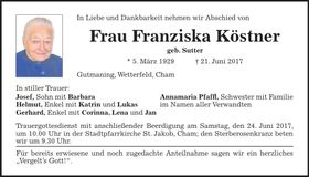 Traueranzeige Franziska Köstner