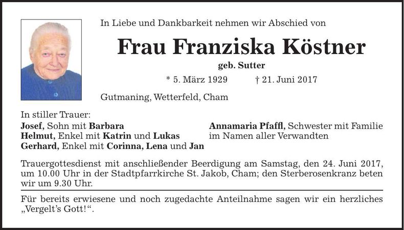 Traueranzeige Franziska Köstner