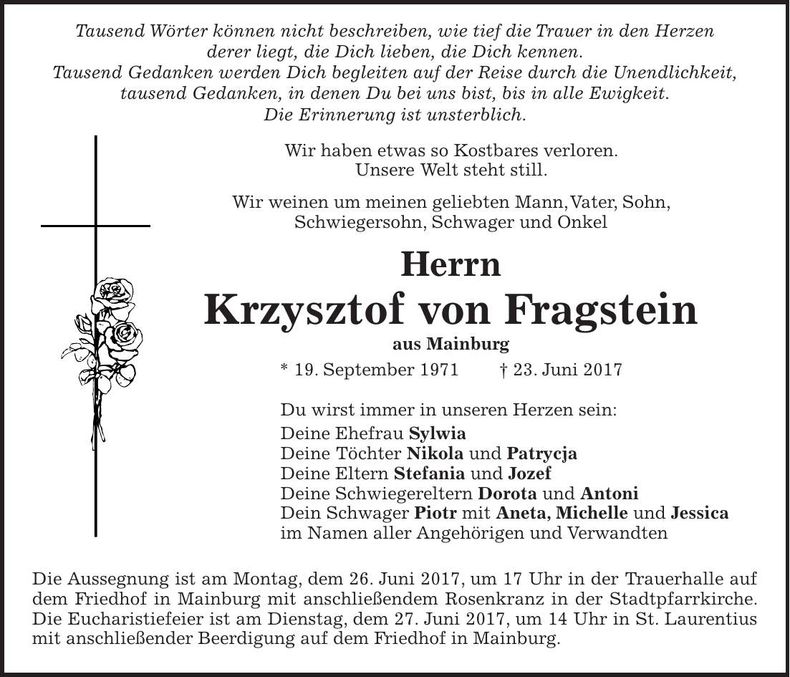 Traueranzeige Krzysztof Fragstein