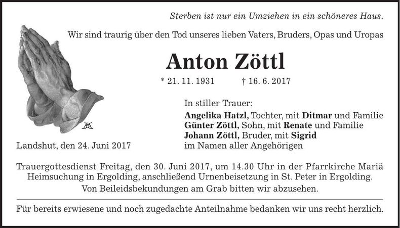Traueranzeige Anton Zöttl