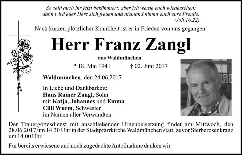 Traueranzeige Franz Zangl