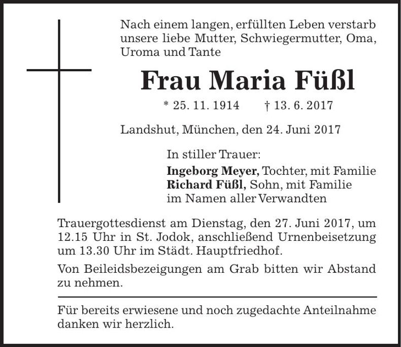 Traueranzeige Maria Füßl