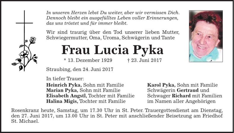 Traueranzeige Lucia Pyka