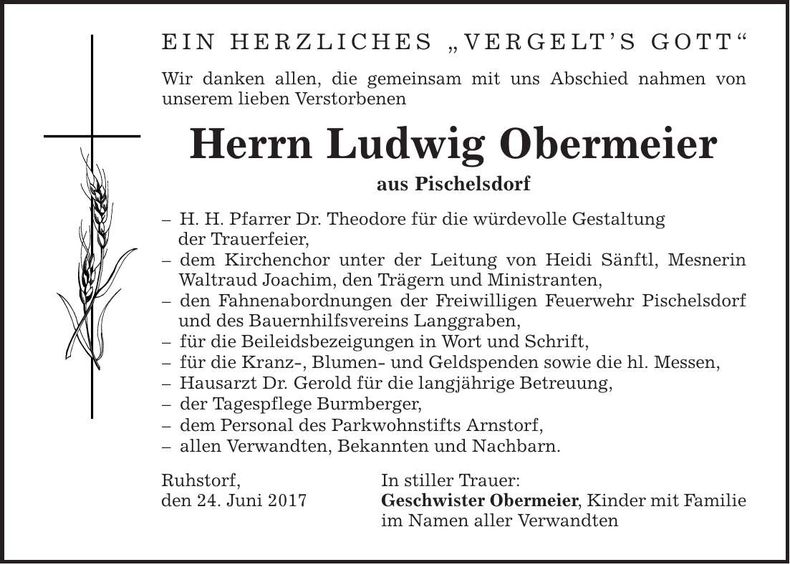Traueranzeige Ludwig Obermeier