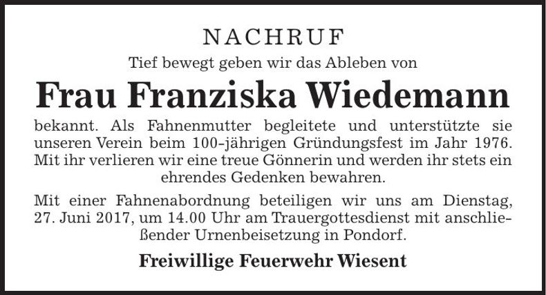 Traueranzeige Franziska Wiedemann