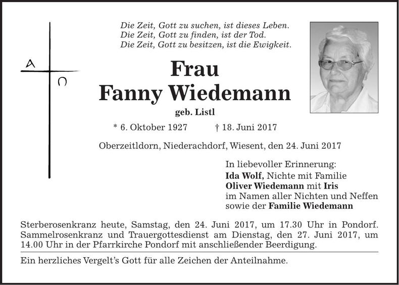 Traueranzeige Fanny Wiedemann