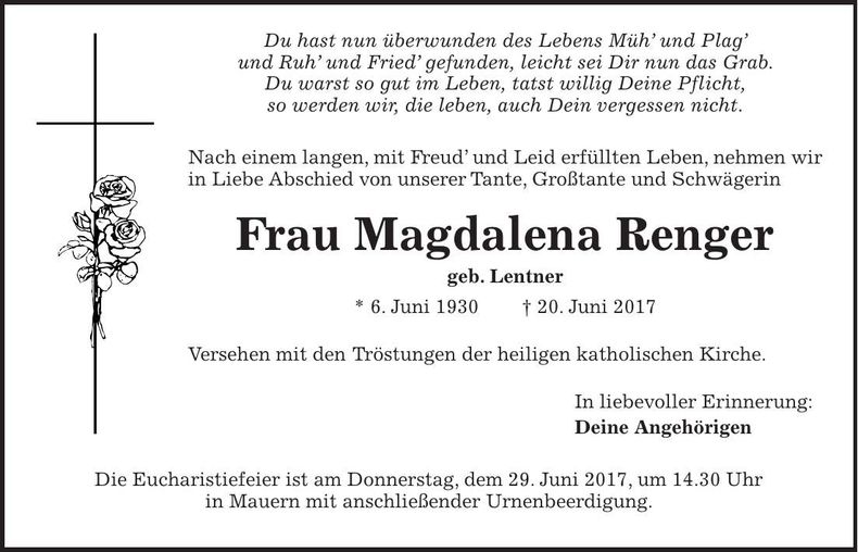 Traueranzeige Magdalena Renger