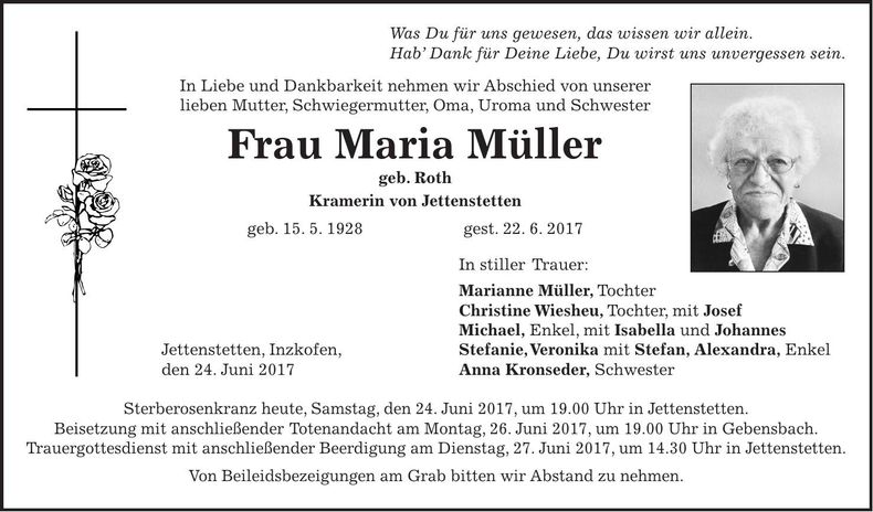 Traueranzeige Maria Müller
