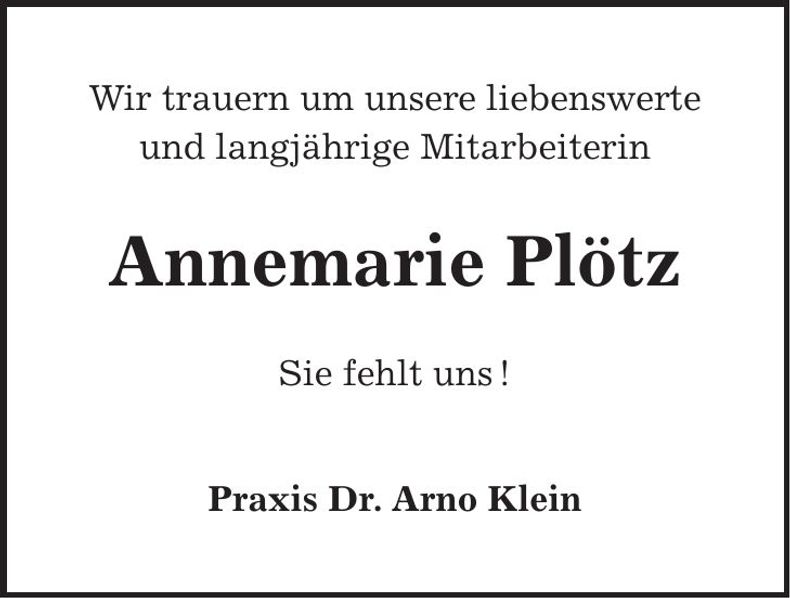 Traueranzeige Annemarie Plötz