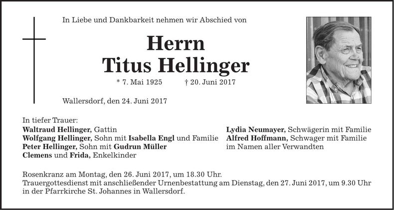 Traueranzeige Titus Hellinger
