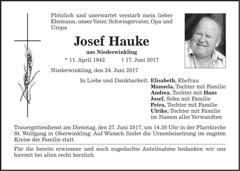 Traueranzeige Josef Hauke