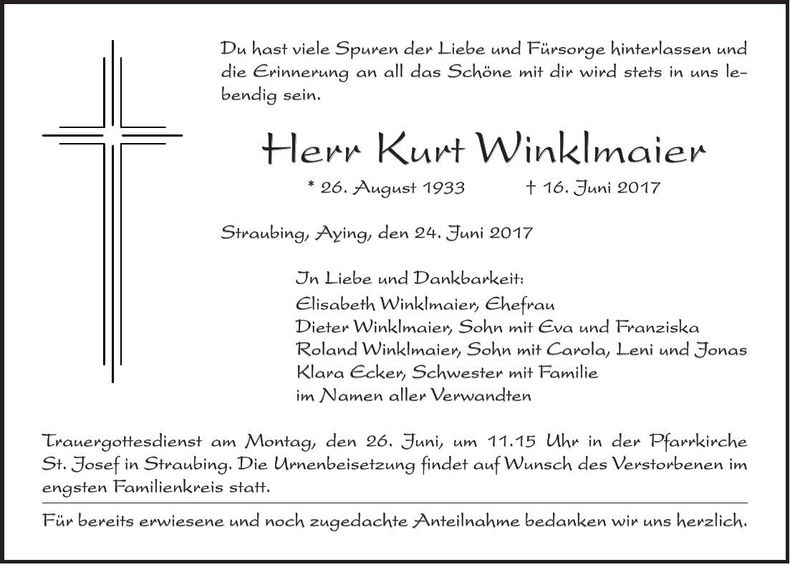 Traueranzeige Kurt Winklmaier