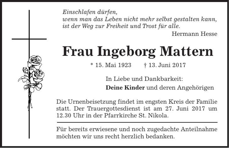 Traueranzeige Ingeborg Mattern