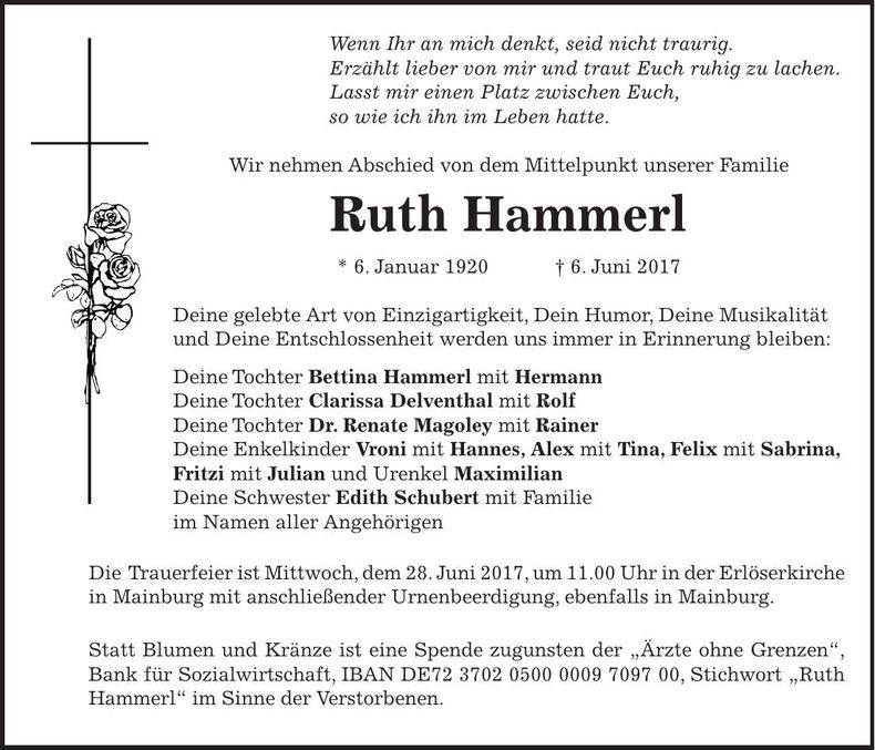 Traueranzeige Ruth Hammerl