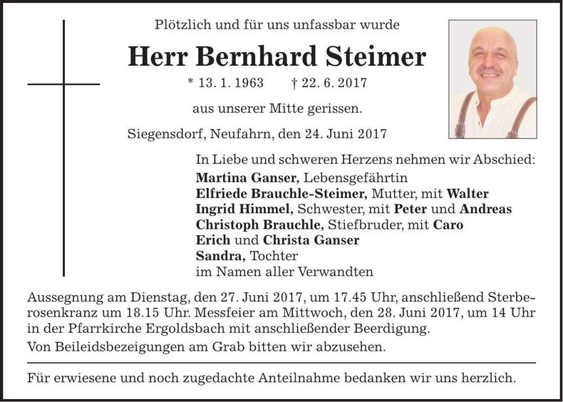 Traueranzeige Bernhard Steimer