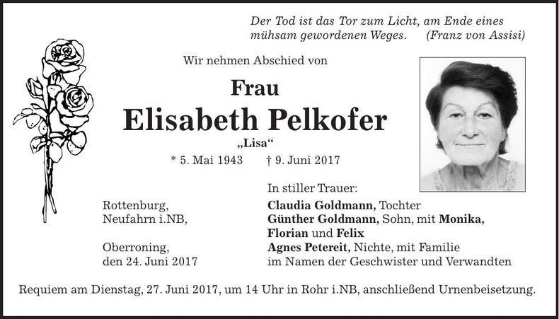 Traueranzeige Elisabeth Pelkofer