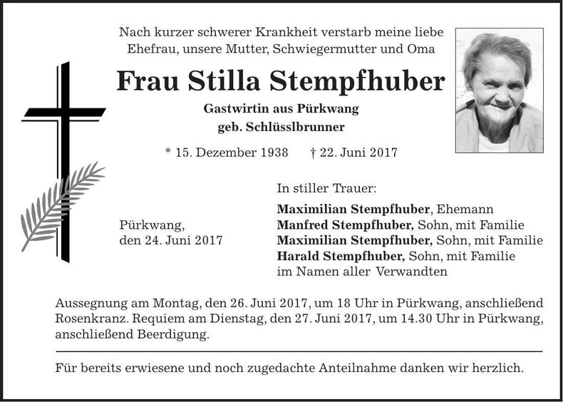 Traueranzeige Stilla Stempfhuber