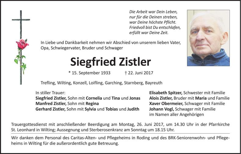 Traueranzeige Siegfried Zistler