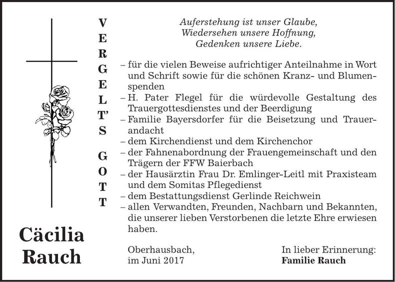 Traueranzeige Cäcilia Rauch
