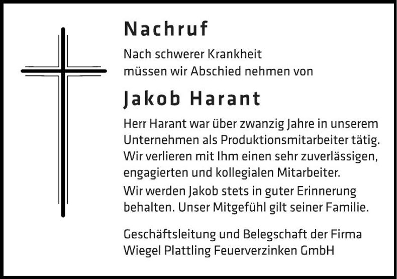 Traueranzeige Jakob Harant