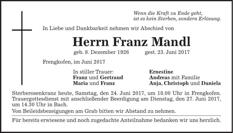 Traueranzeige Franz Mandl
