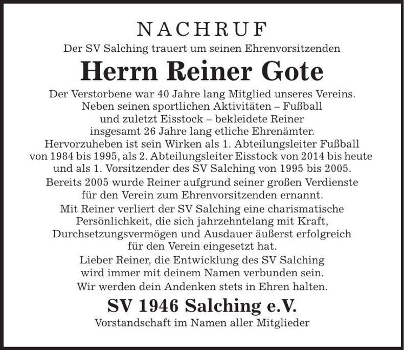 Traueranzeige Reiner Gote