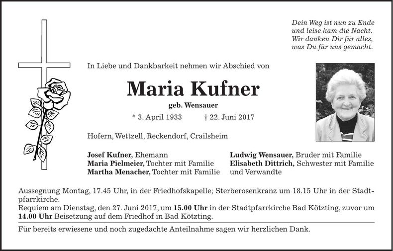 Traueranzeige Maria Kufner