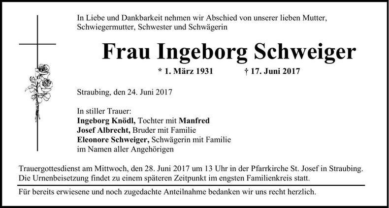 Traueranzeige Ingeborg Schweiger