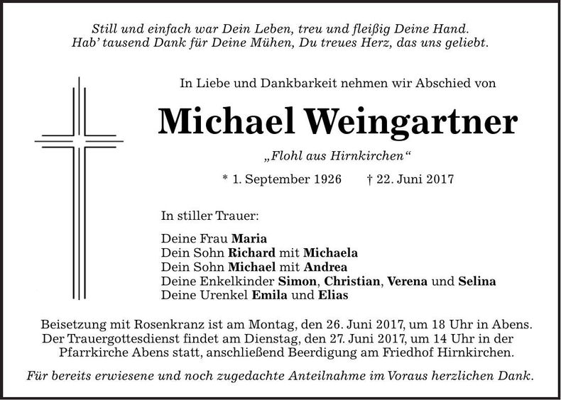 Traueranzeige Michael Weingartner