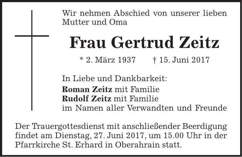 Traueranzeige Gertrud Zeitz