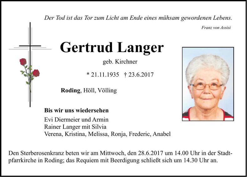 Traueranzeige Gertrud Langer