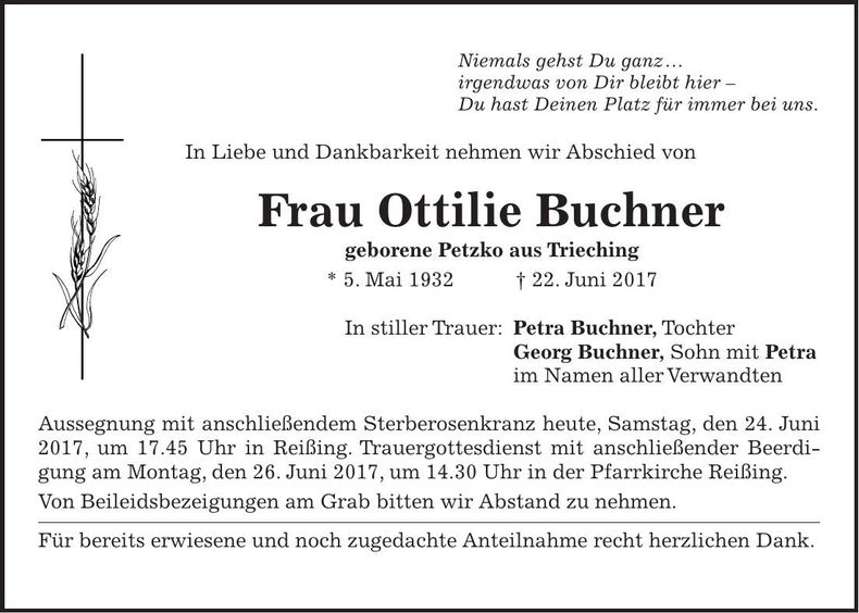 Traueranzeige Ottilie Buchner