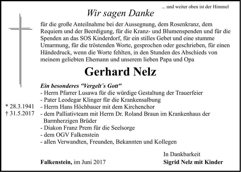 Traueranzeige Gerhard Nelz