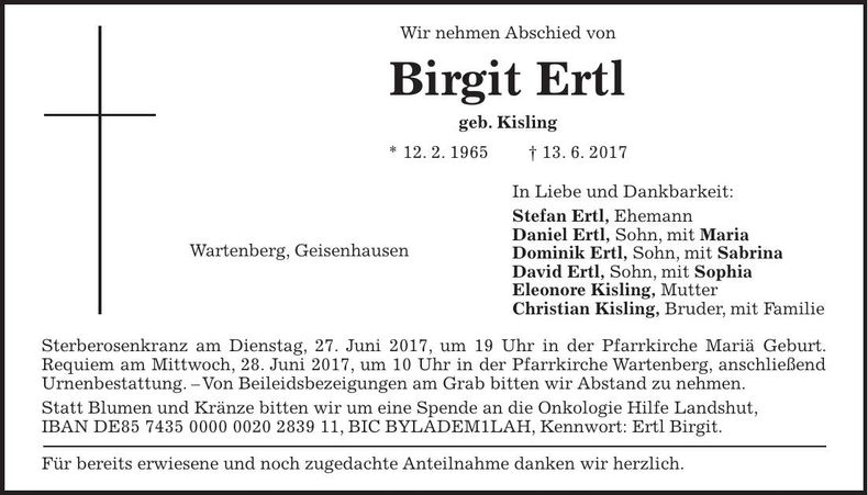 Traueranzeige Birgit Ertl