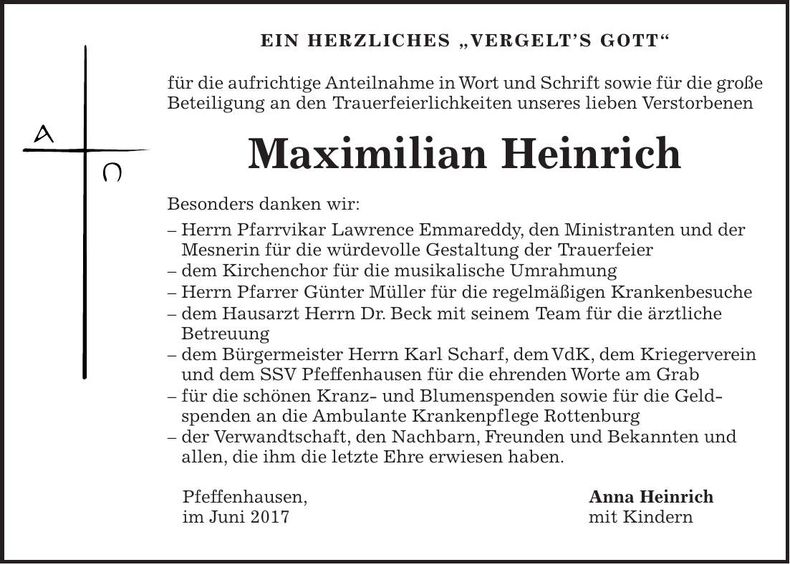Traueranzeige Maximilian Heinrich
