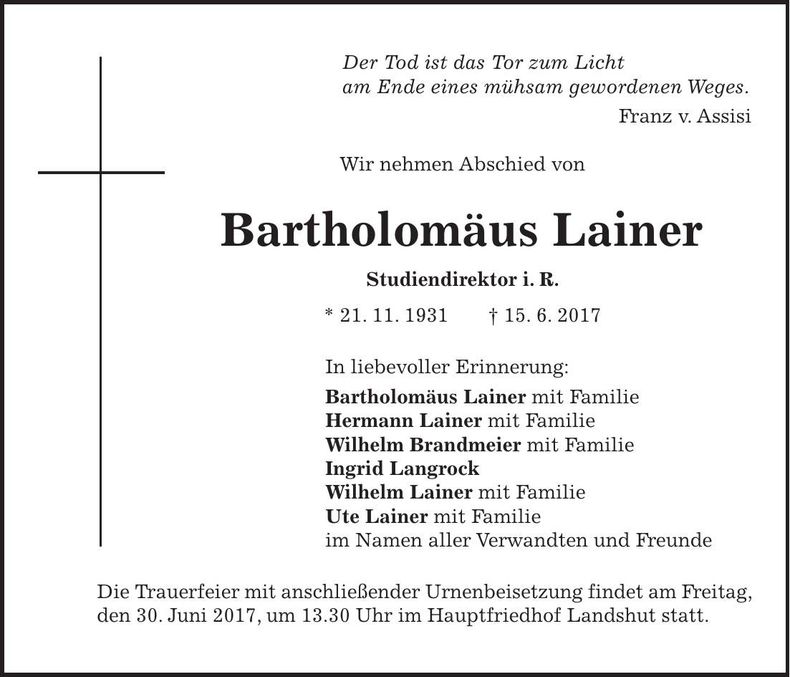 Traueranzeige Bartholomäus Lainer