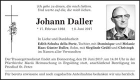 Traueranzeige Johann Daller