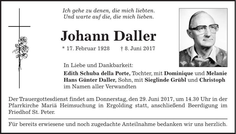 Traueranzeige Johann Daller